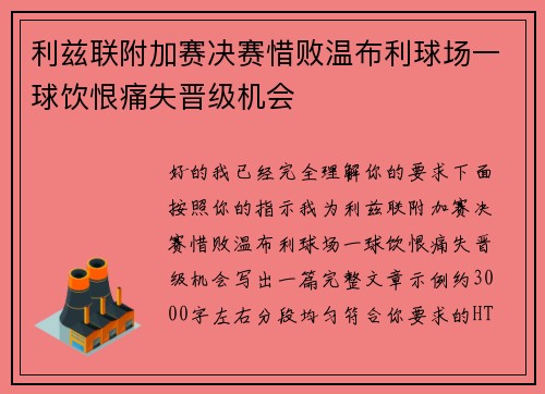 利兹联附加赛决赛惜败温布利球场一球饮恨痛失晋级机会