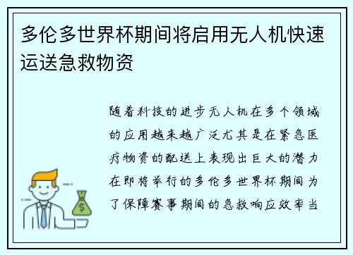 多伦多世界杯期间将启用无人机快速运送急救物资